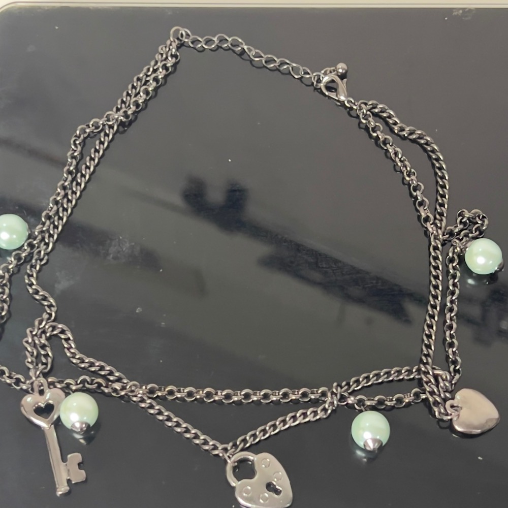Gunmetal Double Strand Heart Lock and Key Charm Necklace with Mint Green Pearls